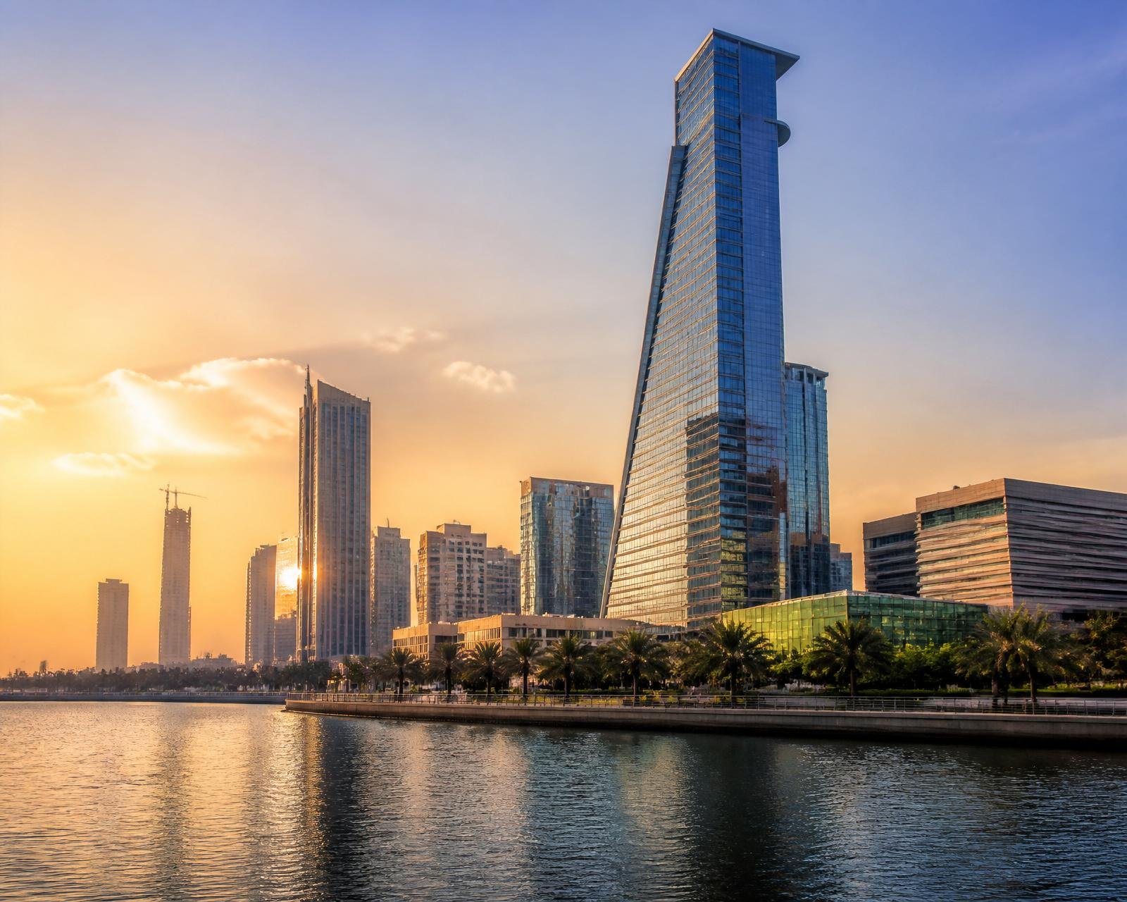 Jeddah waterfront skyline at golden hour